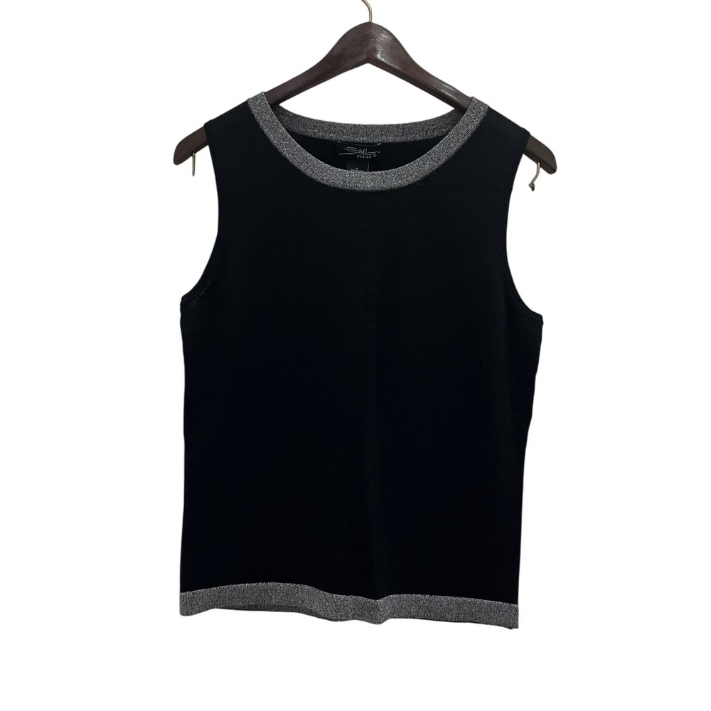 SML Design Sleeveless Knit Top Women Size M‎ Black New Metallic Trim Shell
